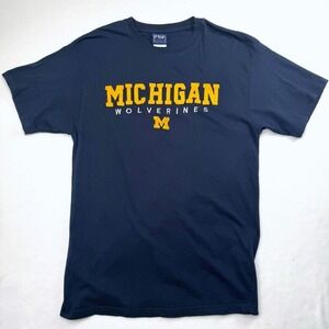 University of Michigan Wolverine TShirt Mens Large Navy Blue Cotton Embroidered